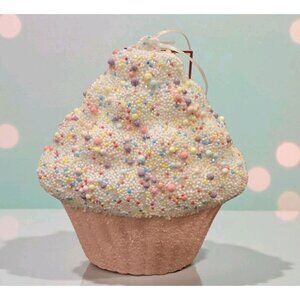 New Large Pink Candy Bakery CHRISTMAS CUPCAKE W/ Sprinkles Hanging ORNAMENT